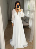 A Line V Neck Sweep Train Chiffon Wedding Dresses