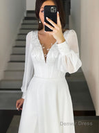 A Line V Neck Sweep Train Chiffon Wedding Dresses