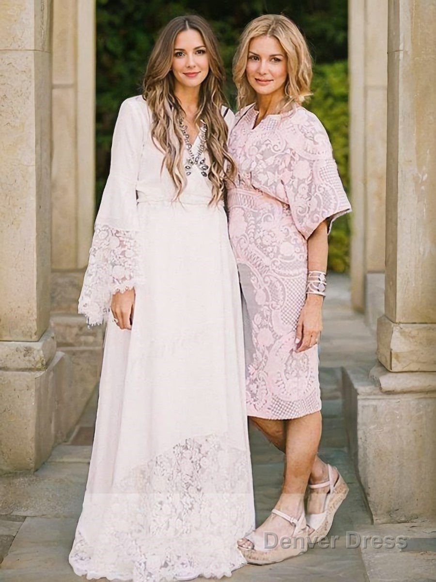 A Line V Neck Sweep Train Chiffon Wedding Dresses With Belt Sash