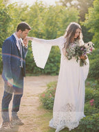 A Line V Neck Sweep Train Chiffon Wedding Dresses With Belt Sash