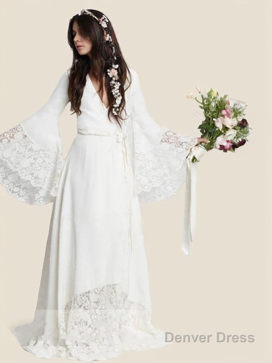 A Line V Neck Sweep Train Chiffon Wedding Dresses With Belt Sash