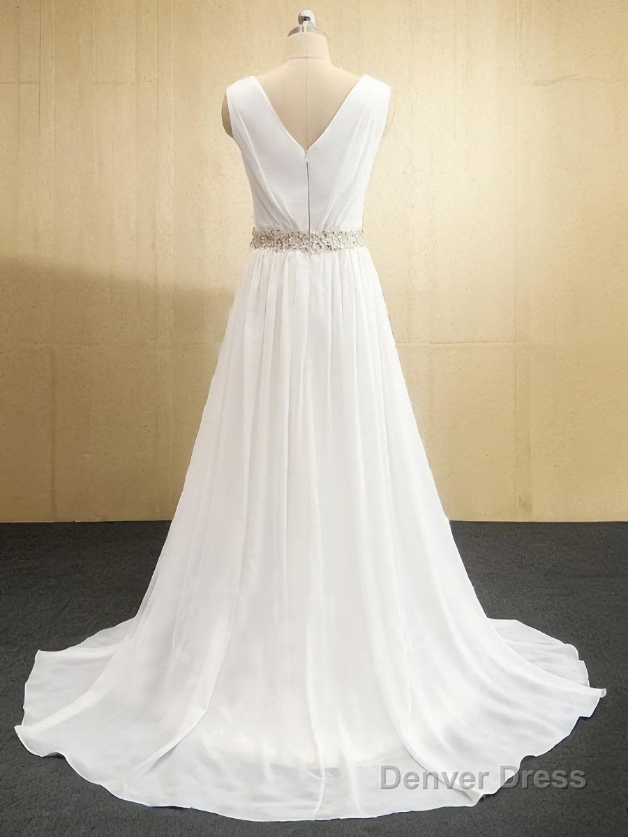 A Line V Neck Sweep Train Chiffon Wedding Dresses With Leg Slit