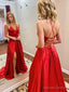 A Line V Neck Sweep Train Elastic Woven Satin Prom Dresses With Leg Slit