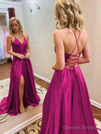 A Line V Neck Sweep Train Elastic Woven Satin Prom Dresses With Leg Slit