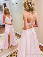 A Line V Neck Sweep Train Elastic Woven Satin Prom Dresses With Leg Slit