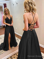 A Line V Neck Sweep Train Elastic Woven Satin Prom Dresses With Leg Slit