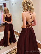 A Line V Neck Sweep Train Elastic Woven Satin Prom Dresses With Leg Slit