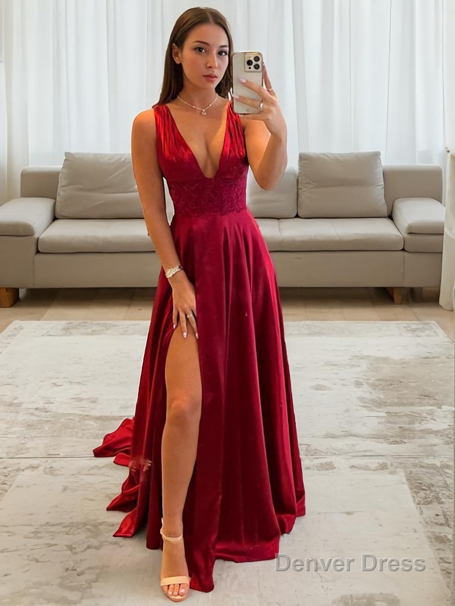 A Line V Neck Sweep Train Elastic Woven Satin Prom Dresses With Leg Slit Main image