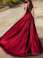 A Line V Neck Sweep Train Elastic Woven Satin Prom Dresses With Leg Slit