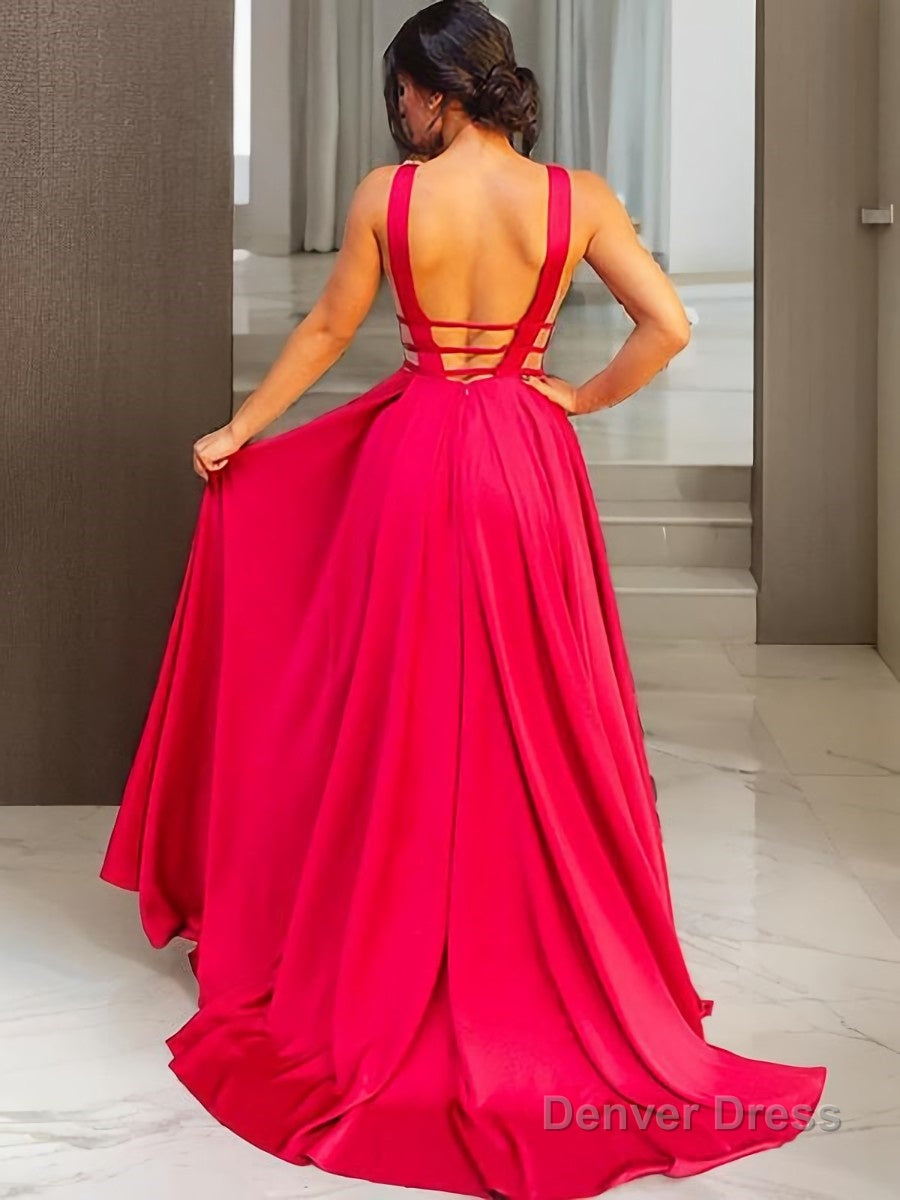 A Line V Neck Sweep Train Elastic Woven Satin Prom Dresses With Ruffles