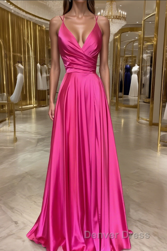 A Line V Neck Sweep Train Elastic Woven Satin Prom Dresses Main image