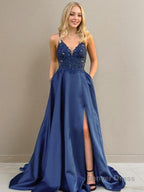 A Line V Neck Sweep Train Elastic Woven Satin Prom Dresses With Leg Slit
