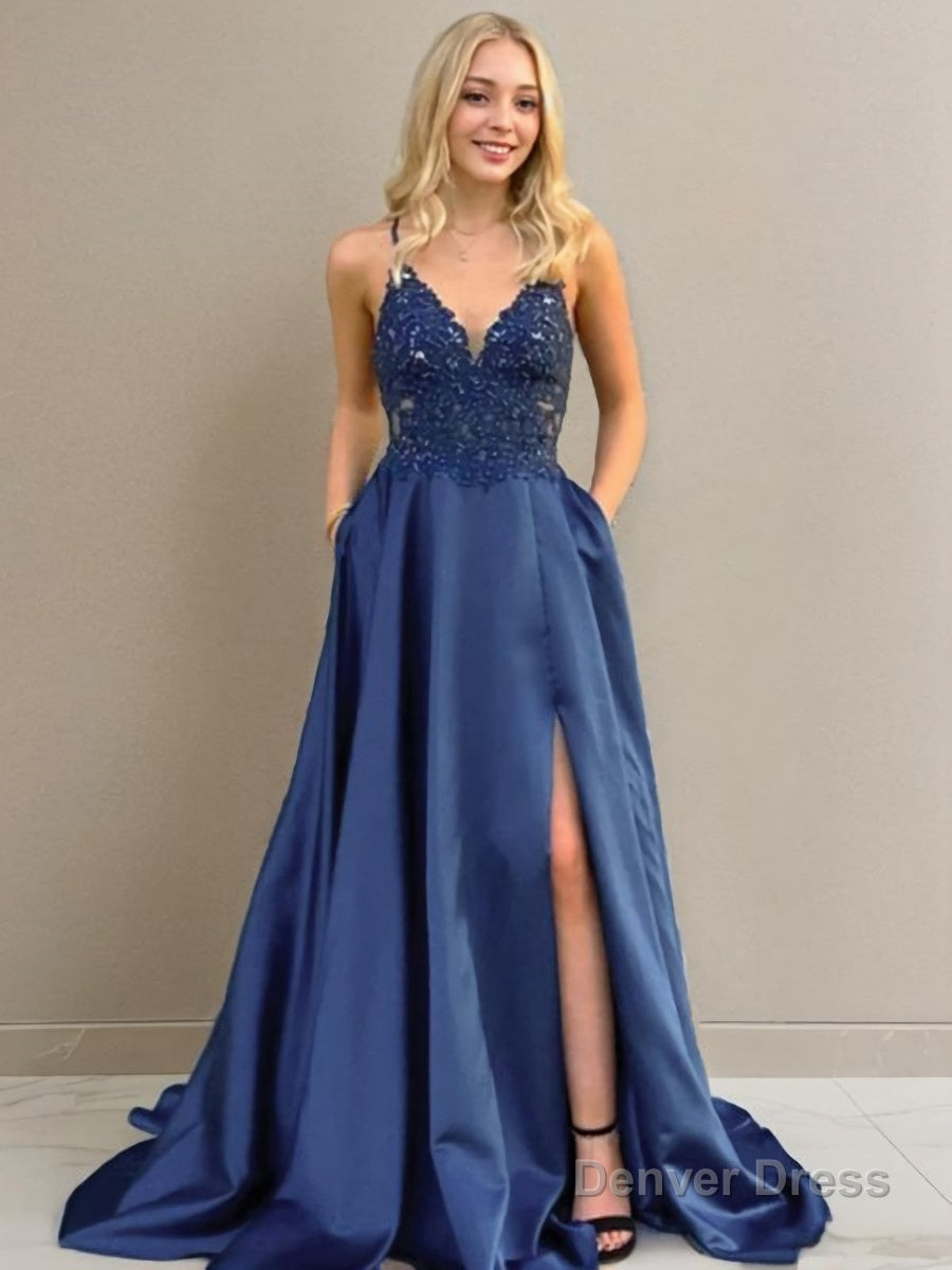 A Line V Neck Sweep Train Elastic Woven Satin Prom Dresses With Leg Slit