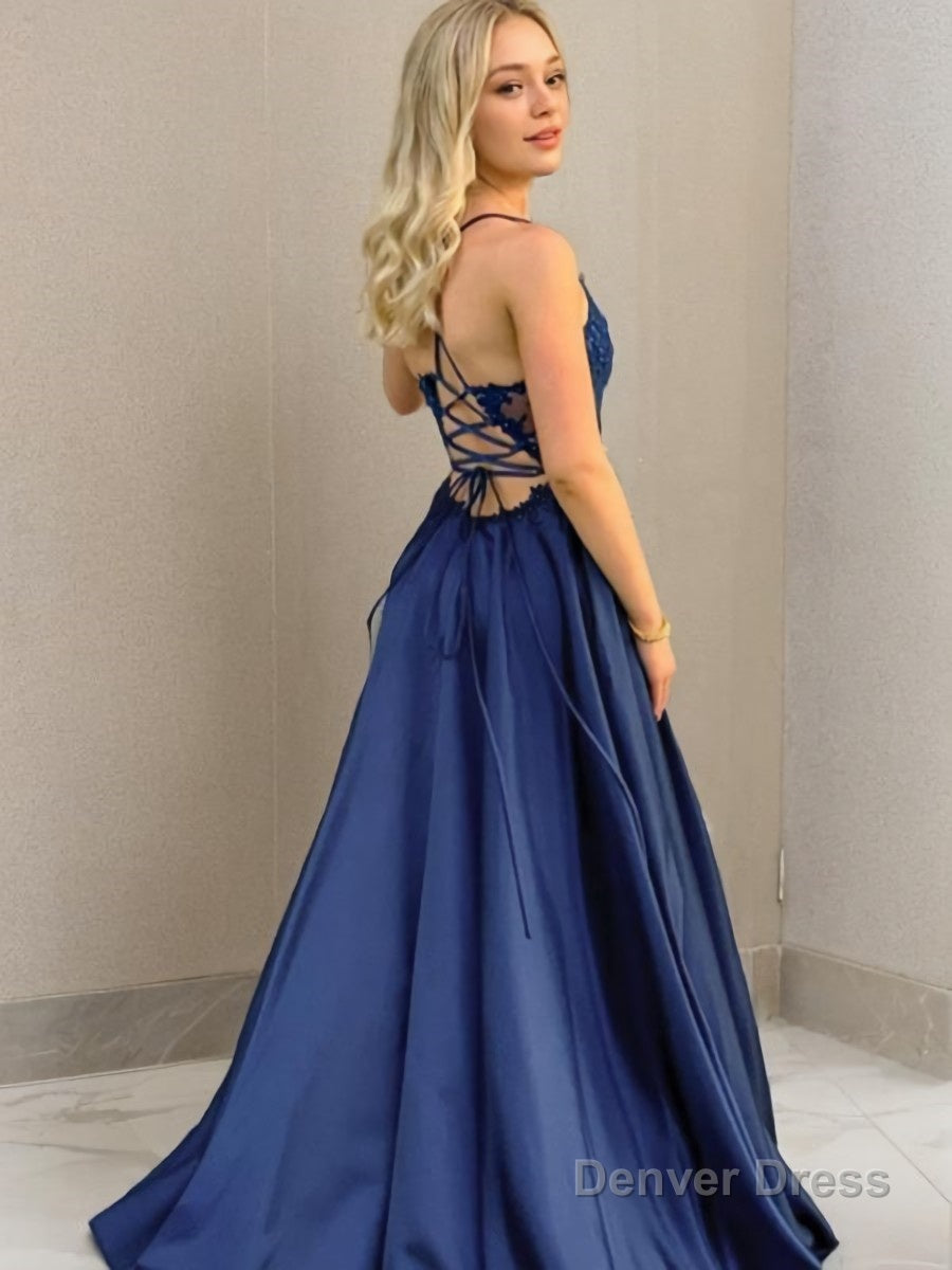 A Line V Neck Sweep Train Elastic Woven Satin Prom Dresses With Leg Slit Secondary image