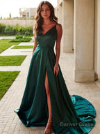 A Line V Neck Sweep Train Elastic Woven Satin Prom Dresses With Leg Slit