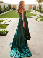 A Line V Neck Sweep Train Elastic Woven Satin Prom Dresses With Leg Slit