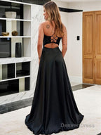 A Line V Neck Sweep Train Elastic Woven Satin Prom Dresses With Leg Slit