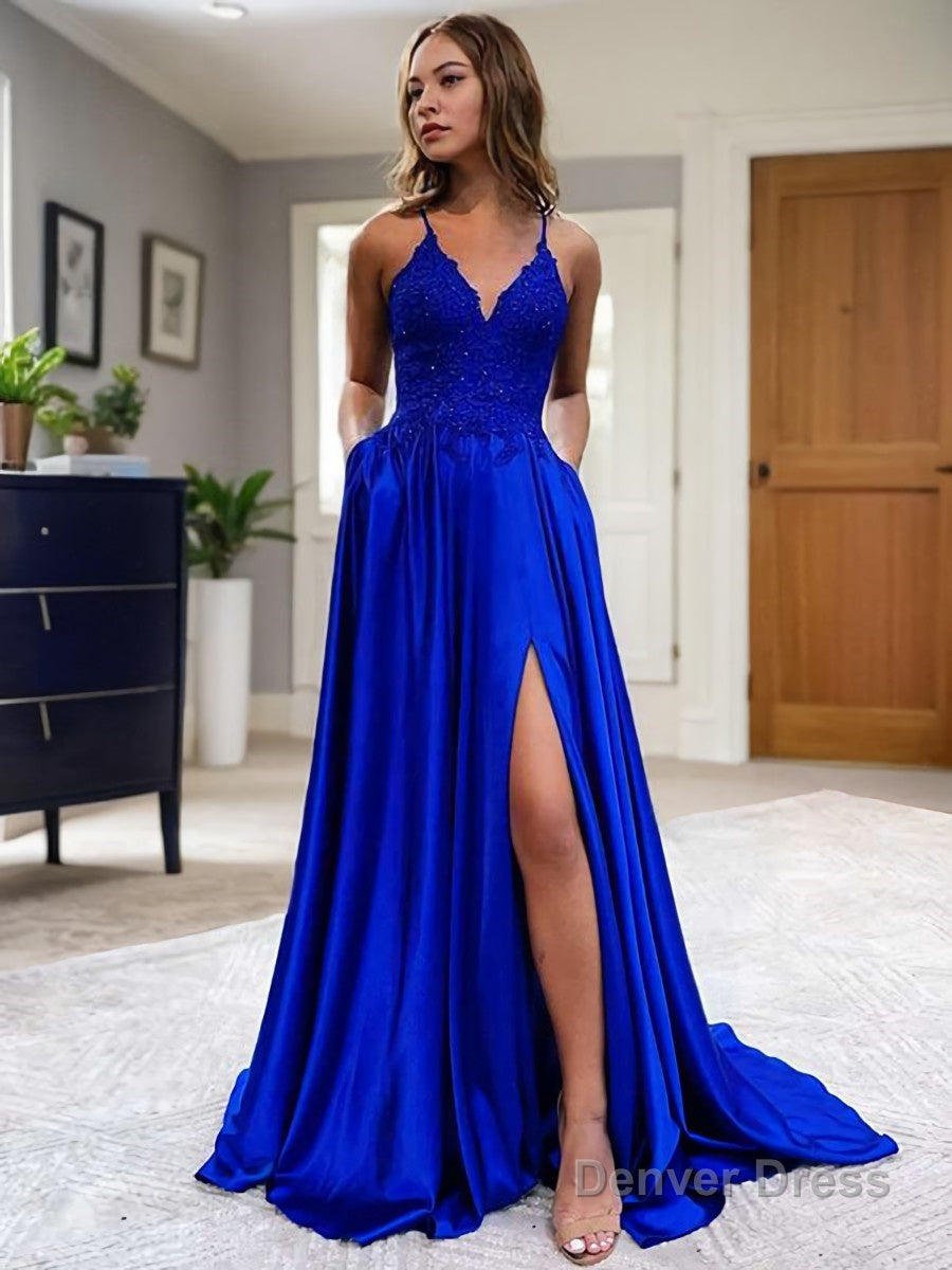 A Line V Neck Sweep Train Elastic Woven Satin Prom Dresses With Pockets Main image