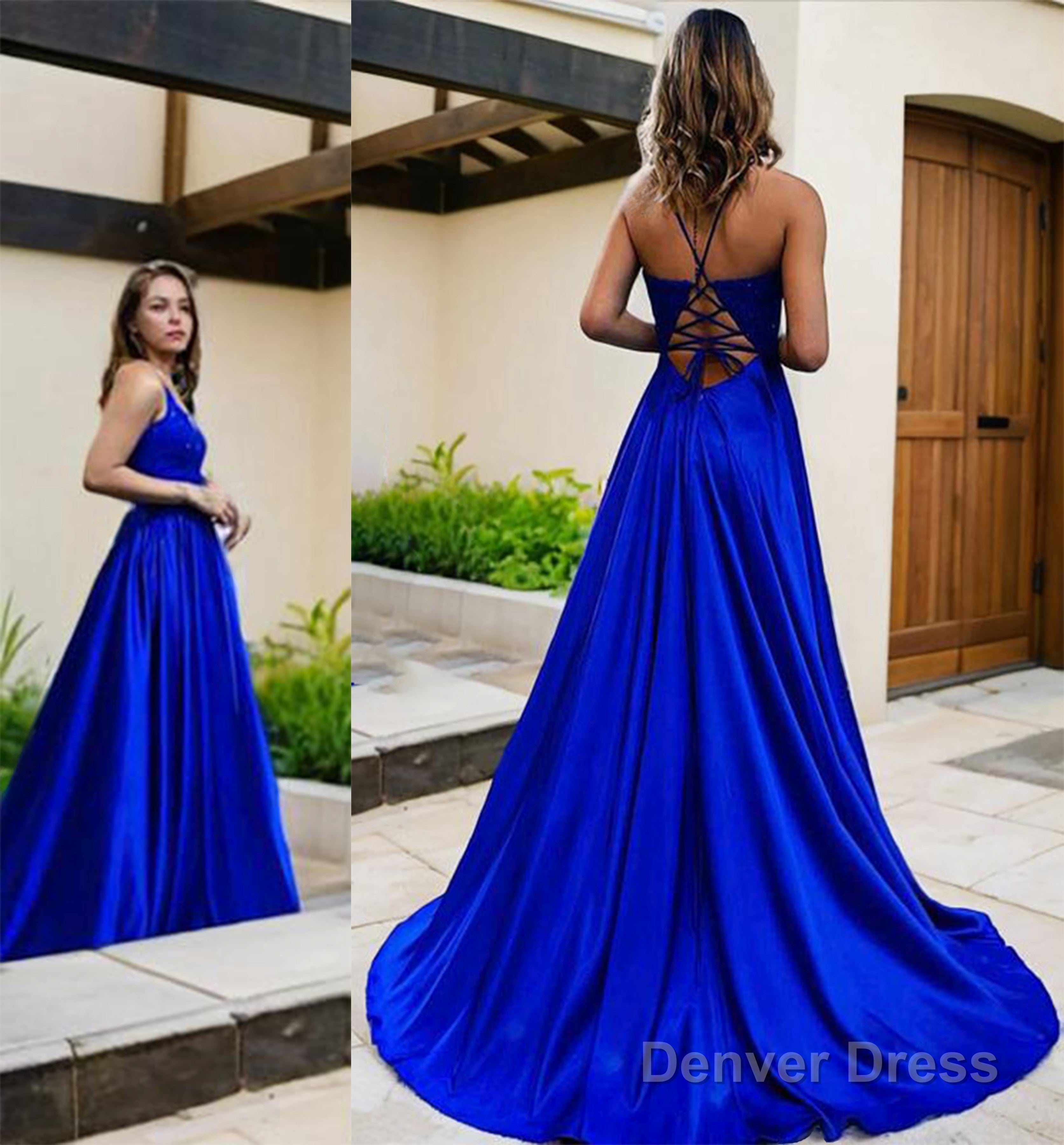 A Line V Neck Sweep Train Elastic Woven Satin Prom Dresses With Pockets Secondary image