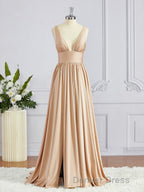 A Line V Neck Sweep Train Jersey Bridesmaid Dresses with Leg Slit