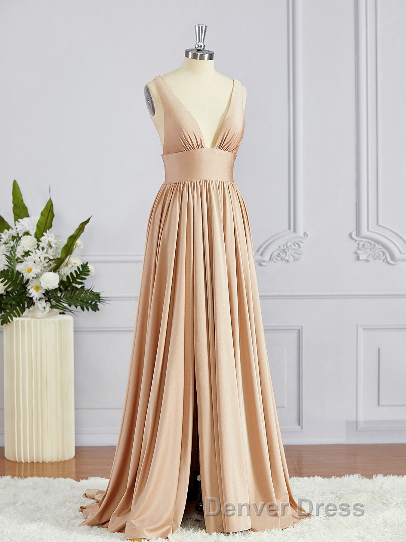 A Line V Neck Sweep Train Jersey Bridesmaid Dresses with Leg Slit
