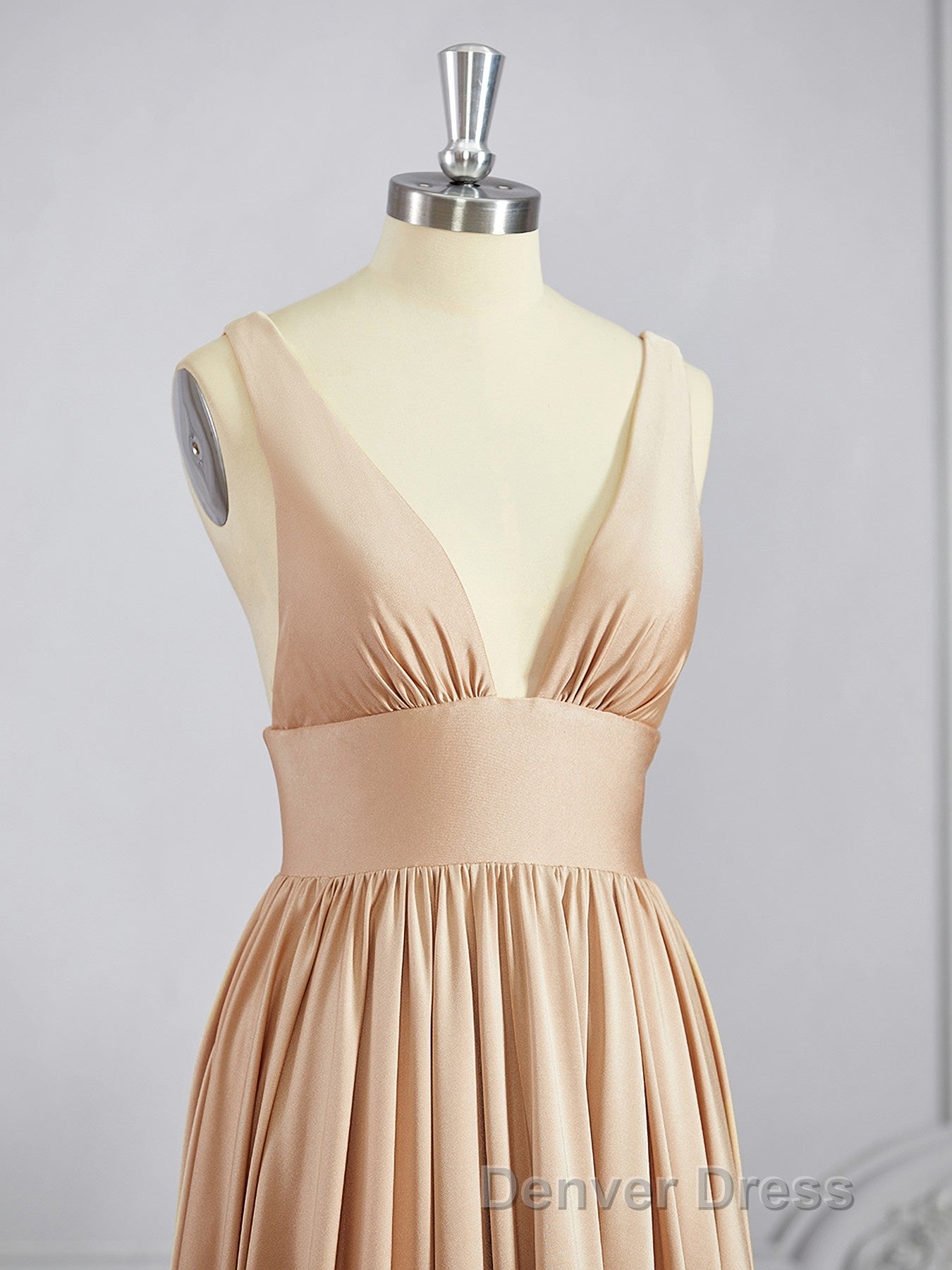 A Line V Neck Sweep Train Jersey Bridesmaid Dresses with Leg Slit