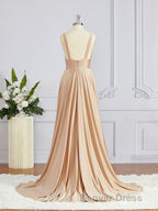 A Line V Neck Sweep Train Jersey Bridesmaid Dresses with Leg Slit