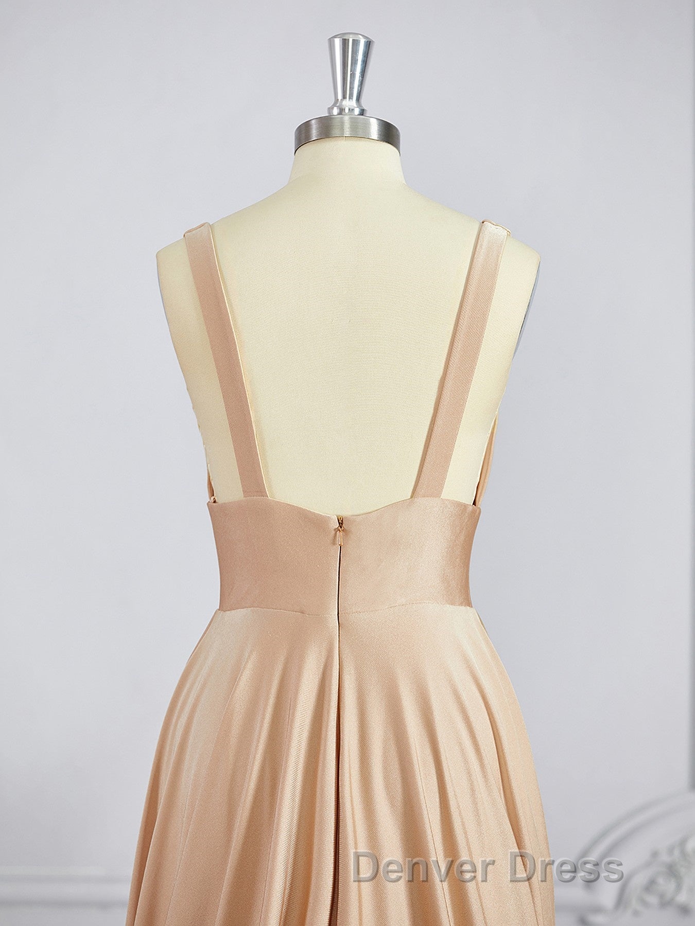 A Line V Neck Sweep Train Jersey Bridesmaid Dresses with Leg Slit