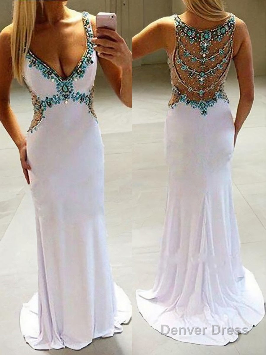 A Line V Neck Sweep Train Jersey Prom Dresses With Rhinestone Main image