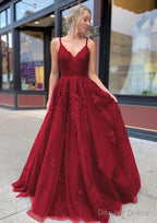 A Line V Neck Sweep Train Lace Prom Dresses