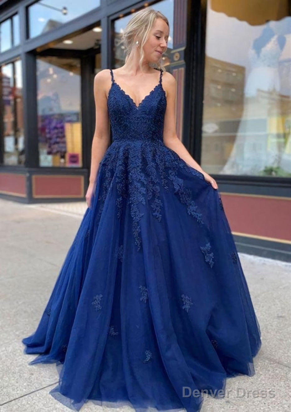 A Line V Neck Sweep Train Lace Prom Dresses Main image