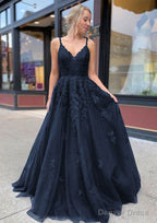 A Line V Neck Sweep Train Lace Prom Dresses