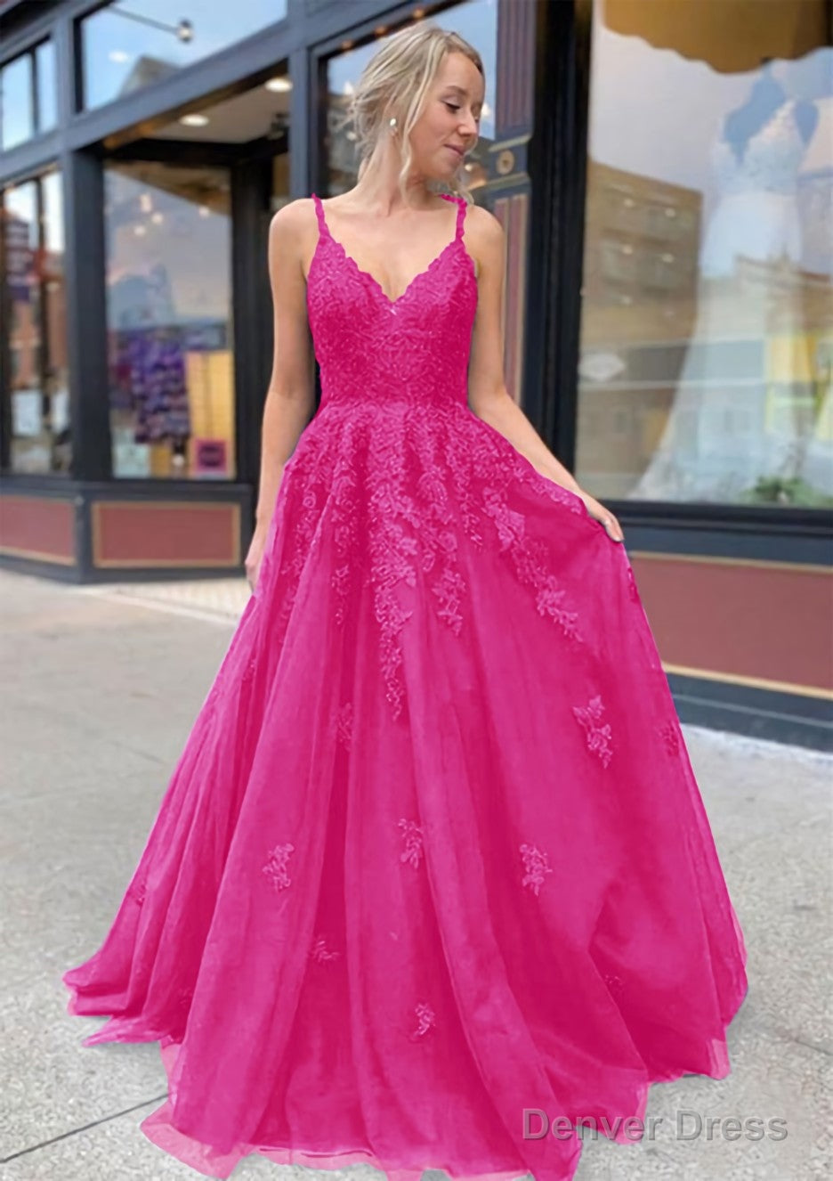 A Line V Neck Sweep Train Lace Prom Dresses