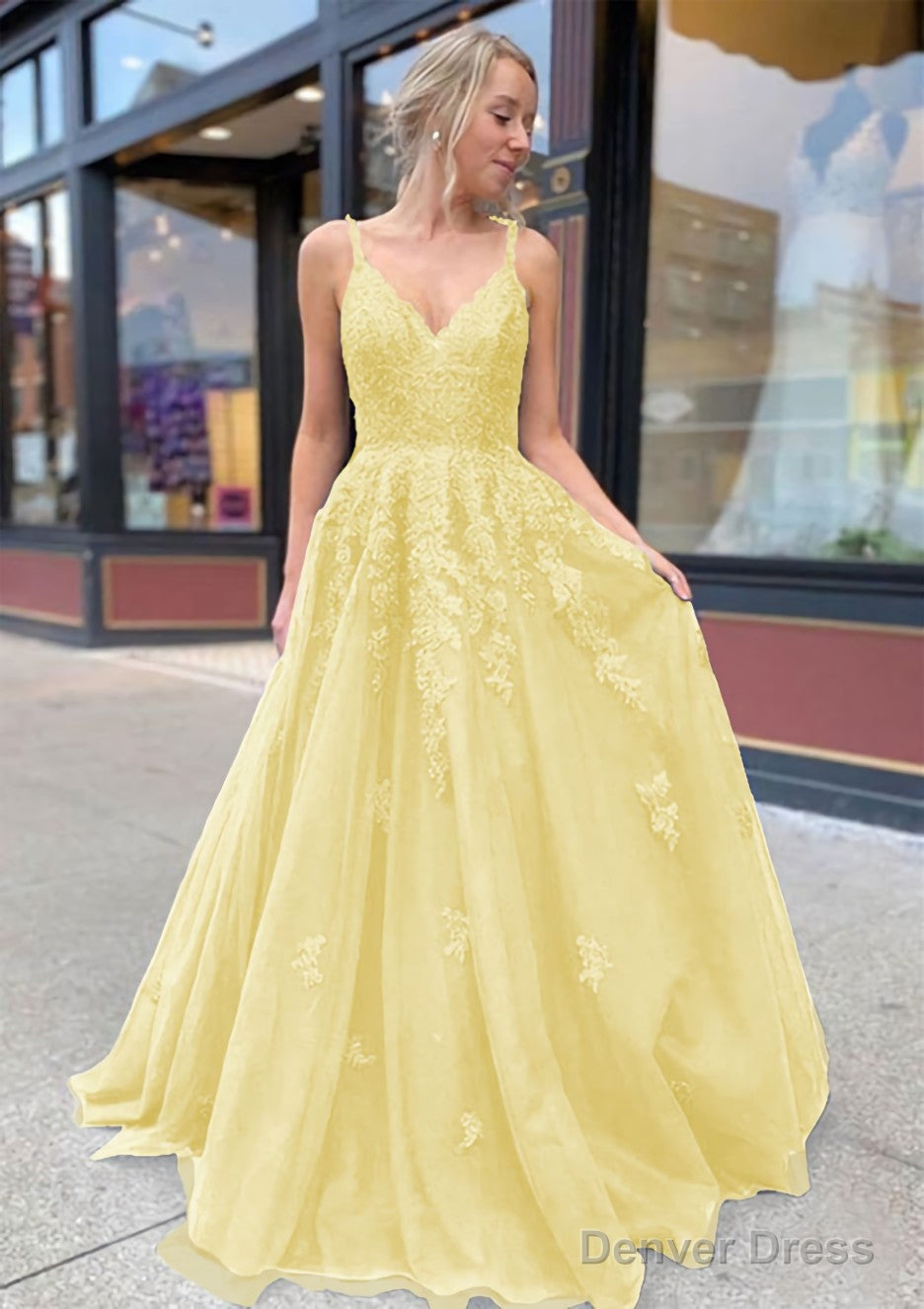 A Line V Neck Sweep Train Lace Prom Dresses