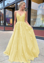 A Line V Neck Sweep Train Lace Prom Dresses