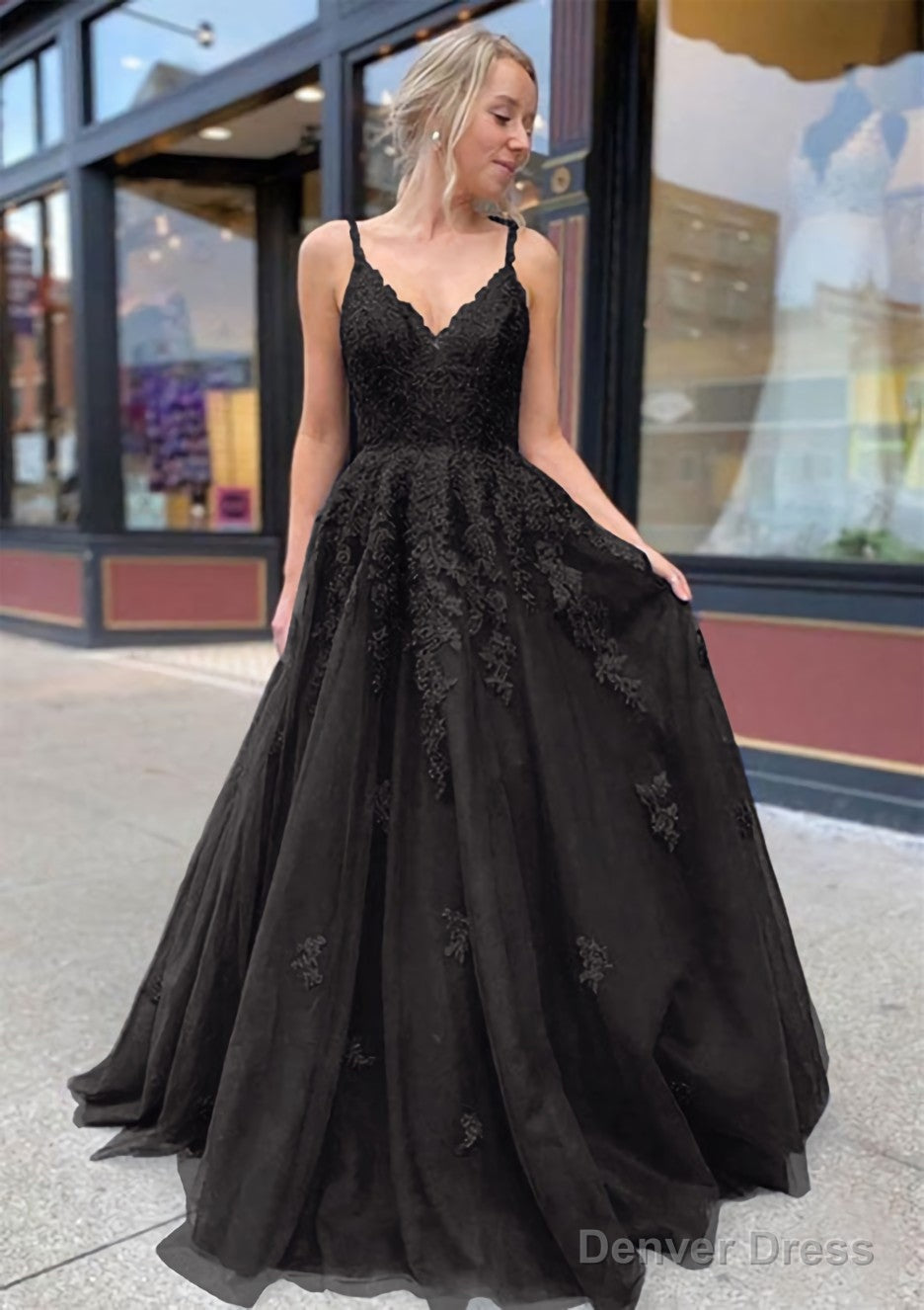 A Line V Neck Sweep Train Lace Prom Dresses