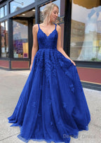 A Line V Neck Sweep Train Lace Prom Dresses