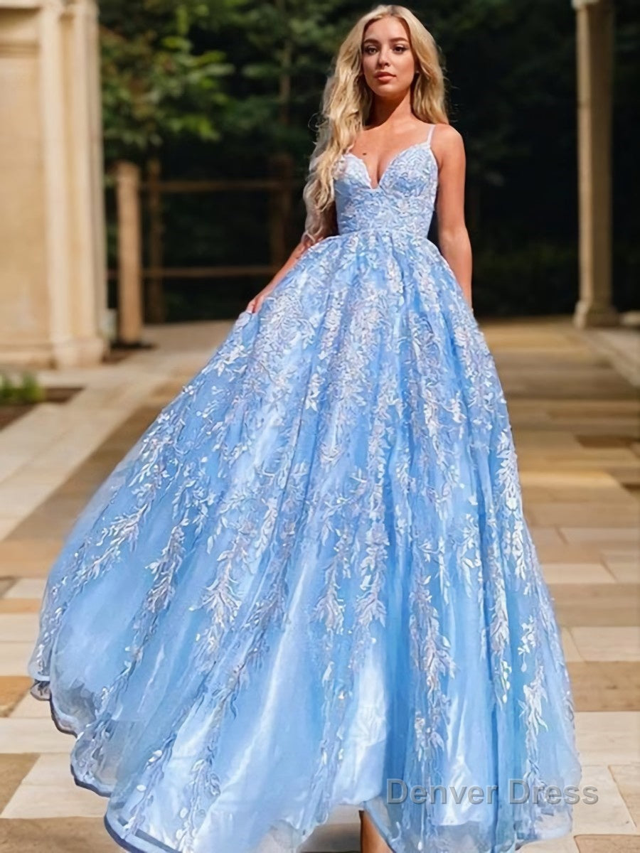 A Line V Neck Sweep Train Lace Prom Dresses With Appliques Lace Main image
