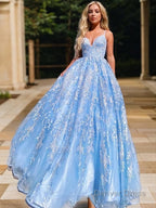 A Line V Neck Sweep Train Lace Prom Dresses With Appliques Lace