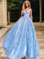 A Line V Neck Sweep Train Lace Prom Dresses With Appliques Lace