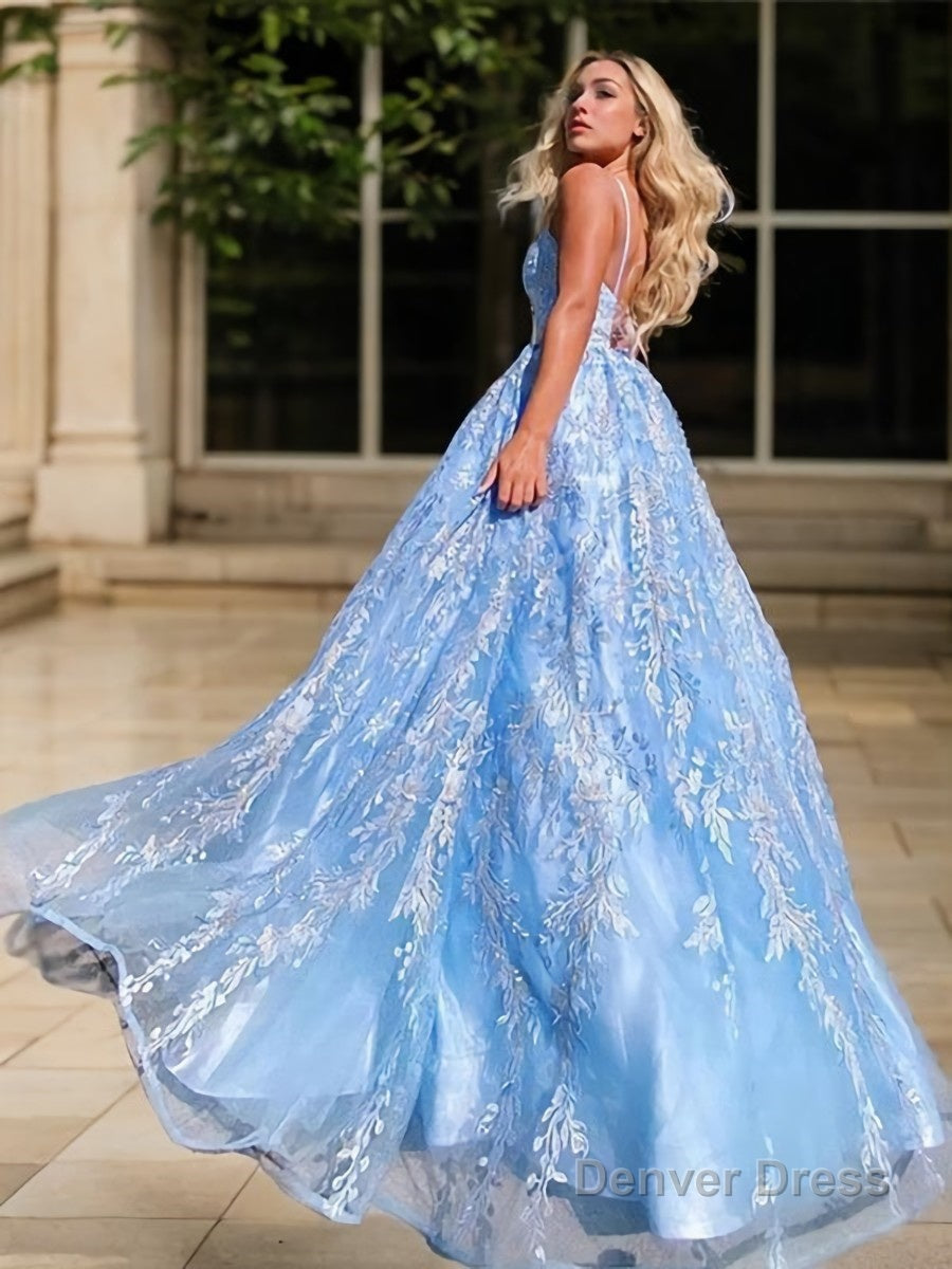 A Line V Neck Sweep Train Lace Prom Dresses With Appliques Lace Secondary image