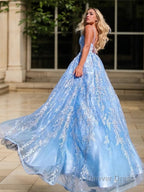 A Line V Neck Sweep Train Lace Prom Dresses With Appliques Lace