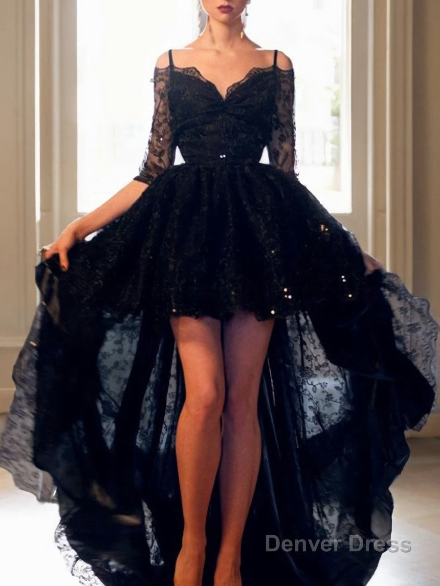A Line V Neck Sweep Train Lace Prom Dresses With Belt Sash Main image
