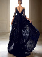 A Line V Neck Sweep Train Lace Prom Dresses With Belt Sash