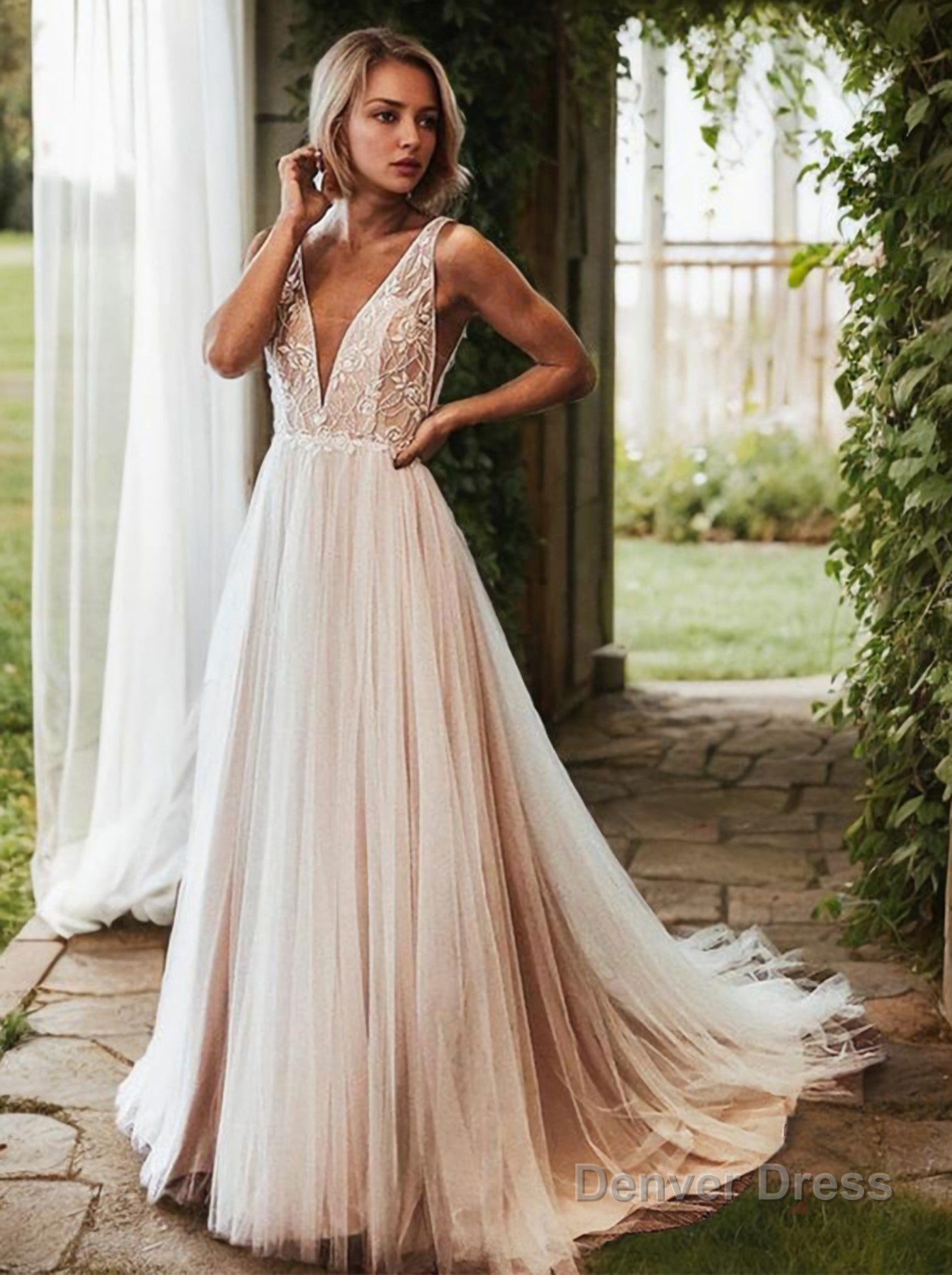 A Line V Neck Sweep Train Lace Wedding Dresses Main image