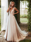 A Line V Neck Sweep Train Lace Wedding Dresses