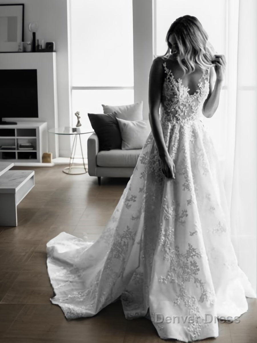A Line V Neck Sweep Train Lace Wedding Dresses With Appliques Lace Main image