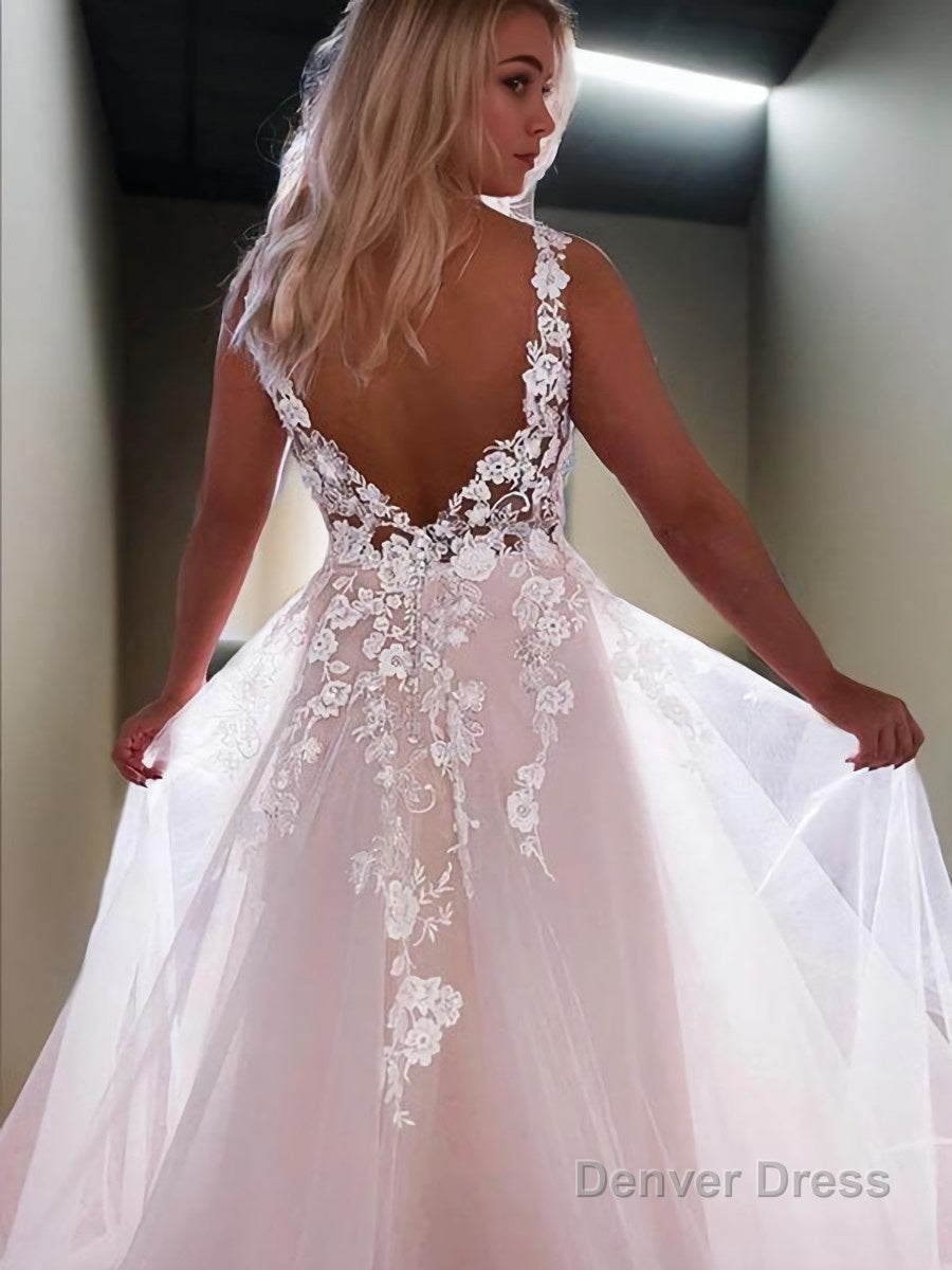 A Line V Neck Sweep Train Lace Wedding Dresses With Appliques Lace