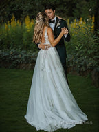 A Line V Neck Sweep Train Lace Wedding Dresses With Belt Sash