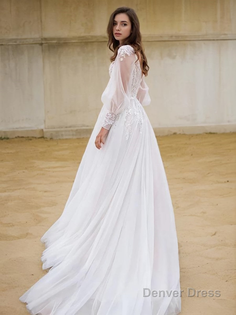 A Line V Neck Sweep Train Lace Wedding Dresses With Leg Slit Secondary image